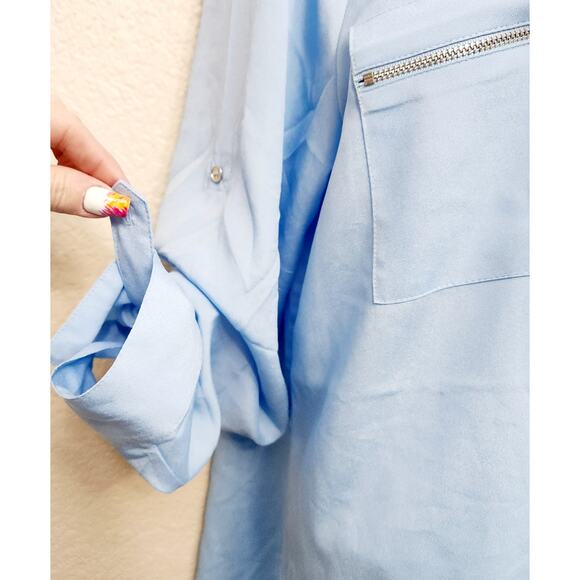 Calvin Klein Blue Zipper Pockets Button Up Top Large Long Roll Tab Sleeves Soft - Picture 3 of 6